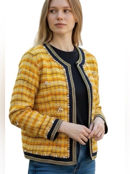 Alex Kim Jackets & Blazers - Alex Kim Vtg. Embellished Plaid Open Front Jacket Yellow, Black, Beaded Missy L